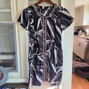 Alfani Black & White Beaded Zip Front Shirt Dress Size 4 Pockets Workwear Loose